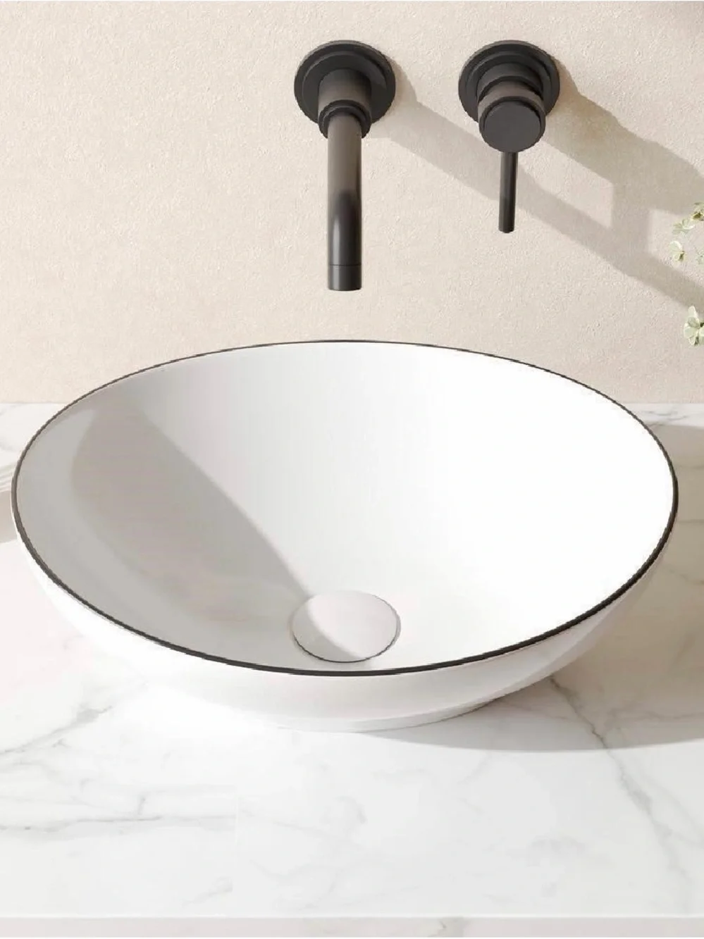 White Ceramic Vessel Sink with Black Accent Rim - Contemporary Vanity Basin